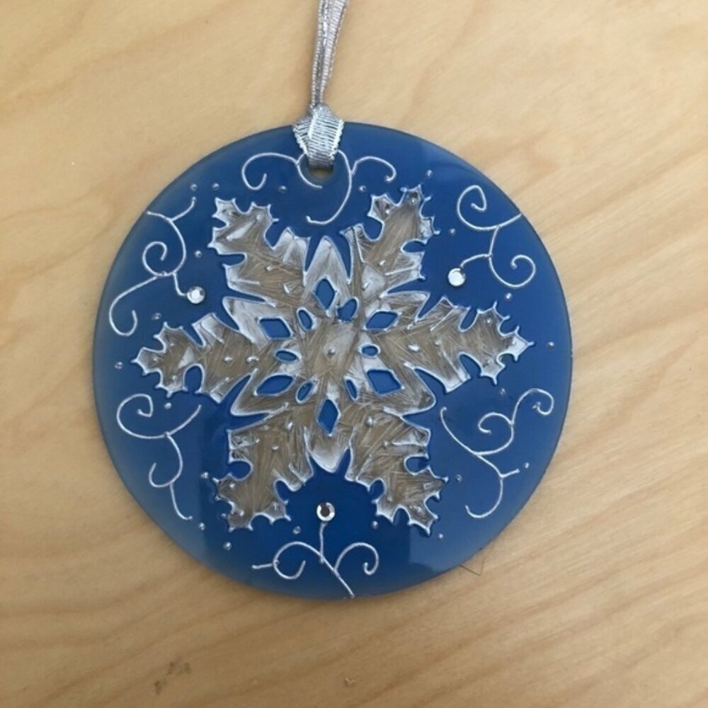 Joan Baker Design Hand Painted Blue White Silver Jeweled Ornament - 4" Diameter
